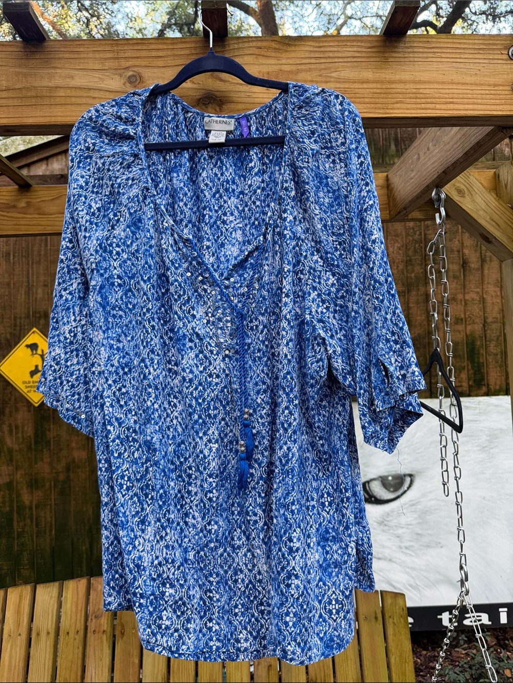 Catherines Blue Printed V-Neck Peasant Blouse plus 3xWP worn once
